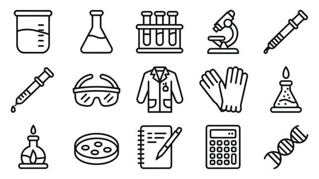 minimalist laboratory equipment and science research line icon set featuring a microscope, beaker, flask, test tubes, dna helix, lab coat, safety goggles, and bunsen burner on white background, clean 
