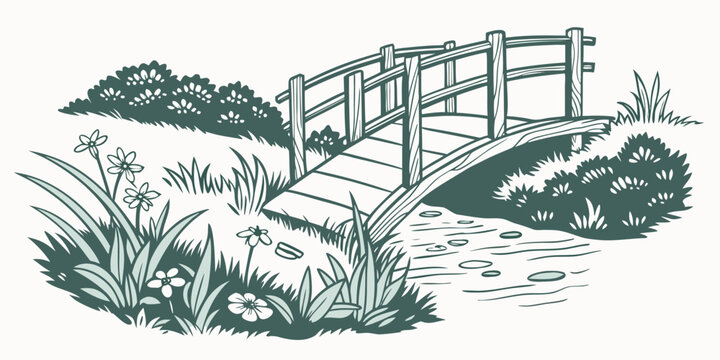 A small wooden bridge over a stream in a garden Vector