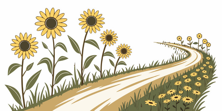 A winding road lined with sunflowers on a sunny day Vector