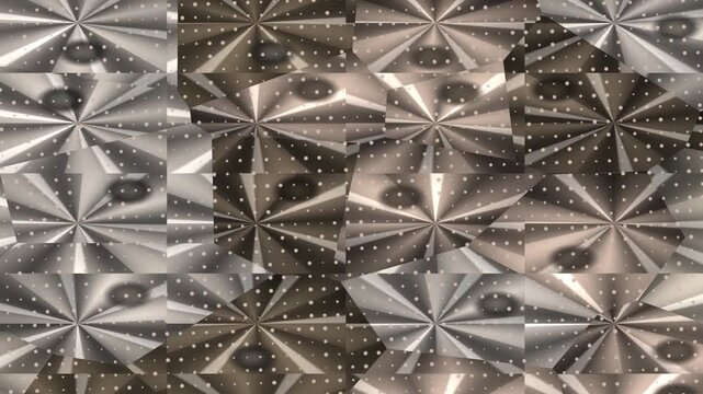Geometric mosaic featuring reflective, radial patterns and scattered dots, in shades of gray