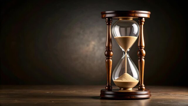 Elegant hourglass with flowing sand against a dark, textured background.