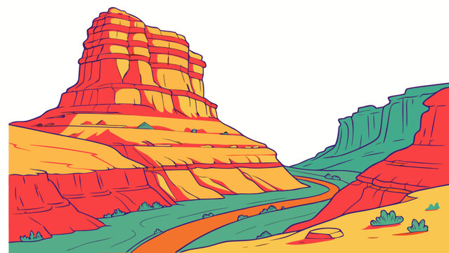 A colorful rocky mountain landscape with a river Vector