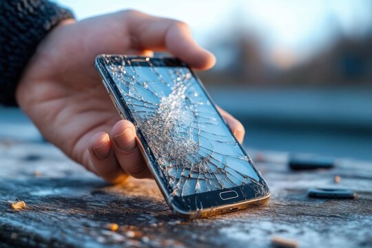 Hand holding a smartphone with a shattered screen resting on a weathered wooden surface with scattered glass fragments, evoking frustration and accidental damage in cool outdoor light