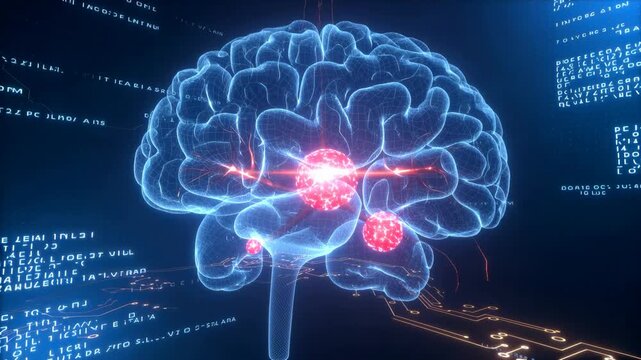 3D digital glowing human brain wireframe with red energy nodes and floating data code on dark background, concept for artificial intelligence, neurological research and digital healthcare