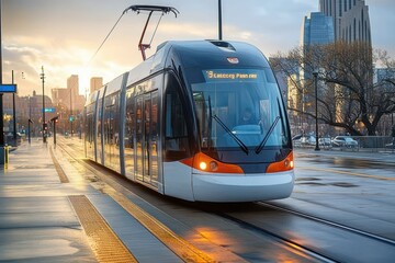 Obraz premium A sleek modern tram glides along rain-wet tracks through a city at sunset, reflecting golden light on the pavement with tall buildings in the background