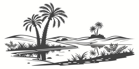 A black and white drawing of a tropical island with palm trees Vector © MST CHIN BANU BEGUM