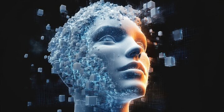 Dark abstract scene with a spherical cluster of blue translucent cubes around a central frosted blue-gray rectangle, evoking a futuristic digital mood