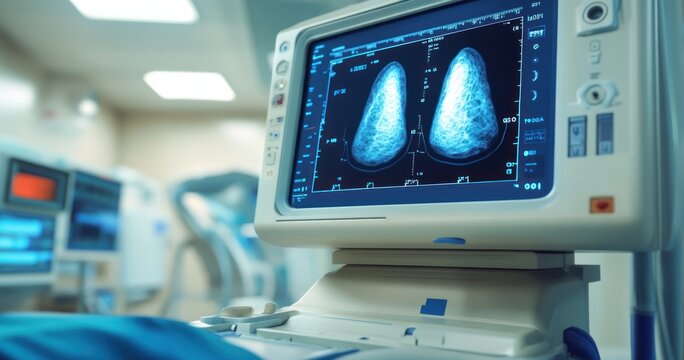 Medical monitor displaying mammogram images of breasts in a clinical diagnostic room, sterile and focused atmosphere