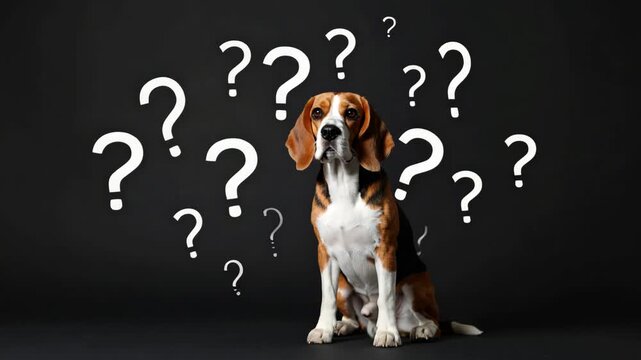 Beagle dog sitting surrounded by many white question marks against a dark background