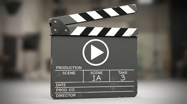 Classic film clapperboard displaying scene 1a and take 3 with a play button icon