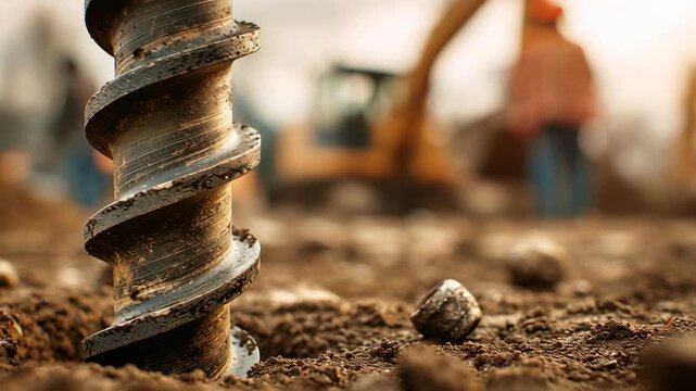 Industrial earth auger in use at construction site with workers  