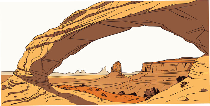 A large rock arch in a desert landscape Vector