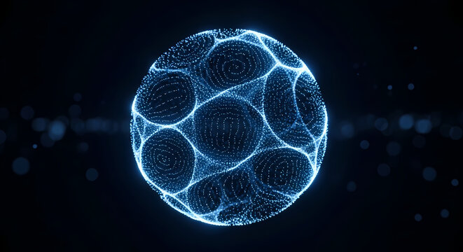 Glowing blue digital particle sphere in a dark virtual network space