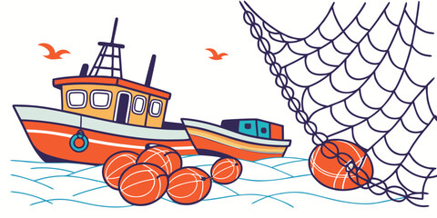 An orange fishing boat with fishing nets and buoys Vector © MST CHIN BANU BEGUM