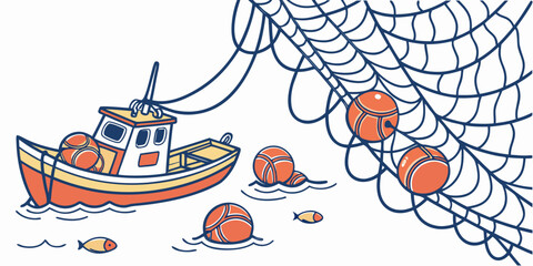 A small fishing boat with orange buoys and a fishing net Vector © MST CHIN BANU BEGUM