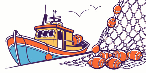A small fishing boat with a net and buoys Vector © MST CHIN BANU BEGUM