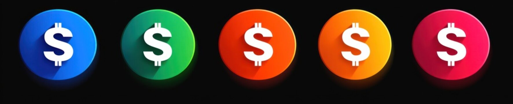 row of five glossy colorful round icons with white dollar signs on a black background conveying a bright optimistic financial theme