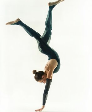 female acrobat performing an inverted handstand split in a teal full-body leotard with bare feet and hair in a bun, showing strength, balance and graceful concentration on a white studio background