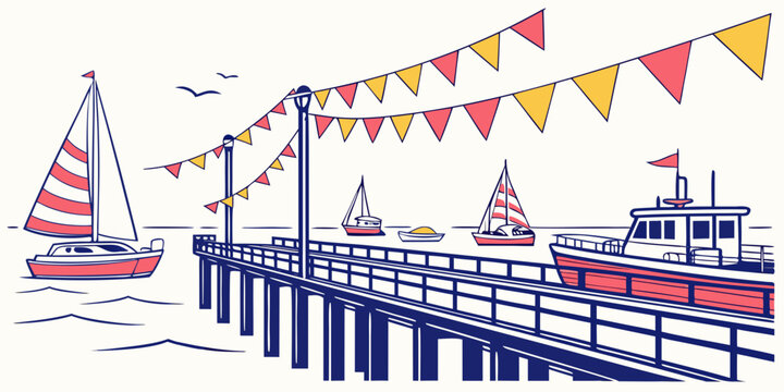 A pier with a sailboat and a tug boat Vector