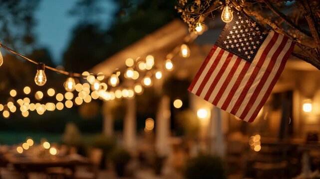 Outdoor party with string lights and American flag in evening setting  