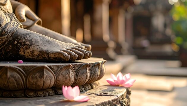 Close-up of a statue's feet resting on a lotus base with two pink flowers in the foreground. Blurred temple in background