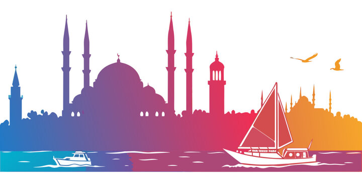 A colorful silhouette of a city skyline with a mosque and sailboat Vector