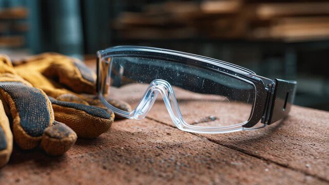 Protective safety goggles on wooden surface with work gloves nearby  
