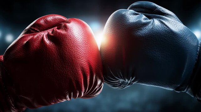 Pair of boxing gloves colliding under bright stadium lights  