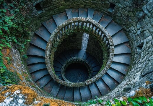 Top-down view of an ancient moss-covered spiral stone staircase with balustrade and concentric rings descending into a circular stone well, evoking mystery and quiet contemplation
