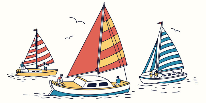 Three sailboats with colorful sails on the water Vector