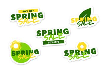 Fototapeta premium A set of flat vector stickers on the theme of spring sales with text in green
