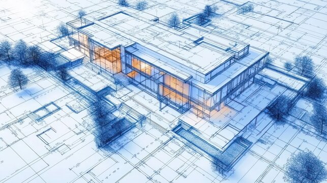 A modern house rendered in blue architectural blueprint style with glass walls, orange interior glow, set among trees and expansive plan lines