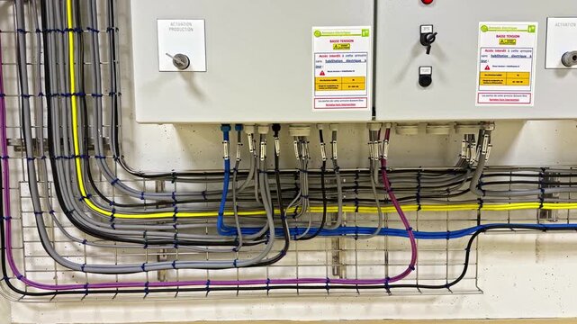 Industrial wall piping layout with organized cable and pipe lines closeup