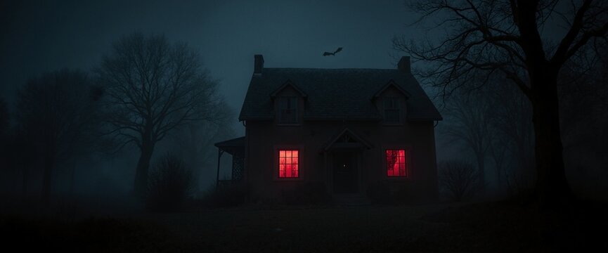 Creepy nighttime house with eerie red window glow and fog shrouded garden with haunted trees