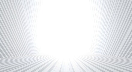 Naklejka premium A clean, minimalist abstract background with white and gray perspective lines converging into a bright, ethereal white light source at the center.