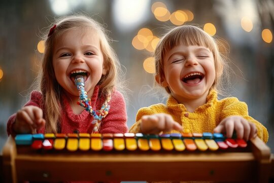 Two young children in warm sweaters playing a colorful wooden xylophone together with bokeh lights in the soft evening, playful and joyful moment