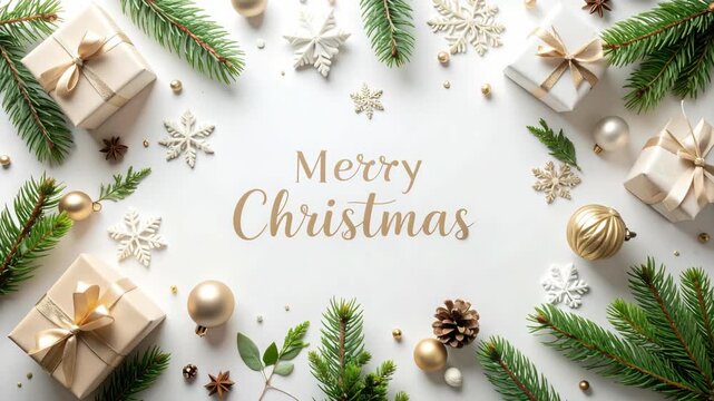 Festive Merry Christmas greeting with gifts and winter decorations