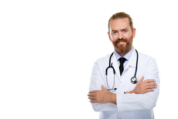 Fototapeta premium Professional male doctor with stethoscope and crossed arms, smiling at camera with copy space on the left. Middle-aged healthcare worker in white medical coat isolated on white background