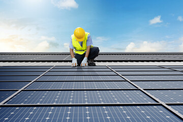 Technician installing rooftop solar panel system for clean power and renewable infrastructure