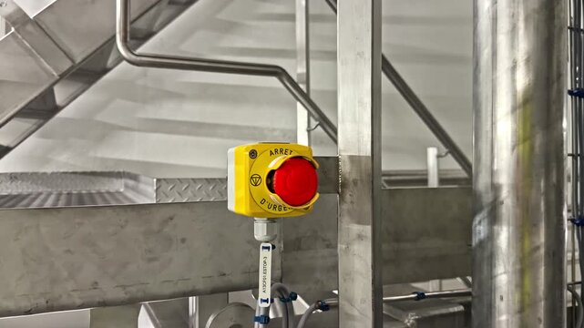 Industrial emergency red stop button on factory machine column, close up