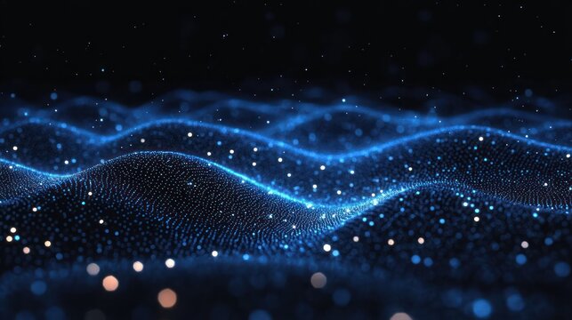 Ethereal blue particle waves forming an undulating glowing grid with sparkling points against a dark starry background, evoking calm futuristic wonder