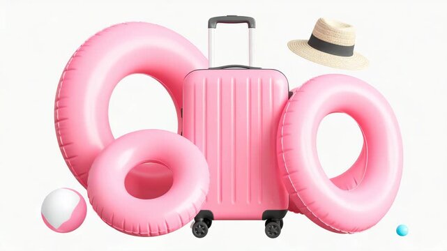 Pink suitcase with inflatable rings and straw hat on white background
