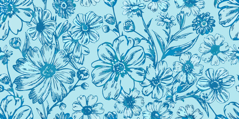Delicate blue floral pattern with sketched flowers and leafy branches © Milton