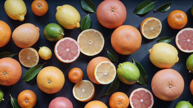 A vibrant display of various citrus fruits, including oranges, lemons, and grapefruits, arranged on a dark surface with green leaves.