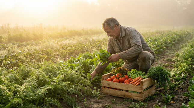 An elderly man harvesting fresh vegetables from a lush green field at sunrise