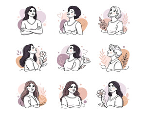 International Women&rsquo;s Day Female Line Art Illustration Set