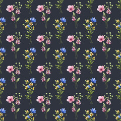 Seamless dark grey pattern with flowers and leaves, repeating paper, background. Floral backdrop for textile, fabric, wallpaper. Hand drawn flowers and leaf.