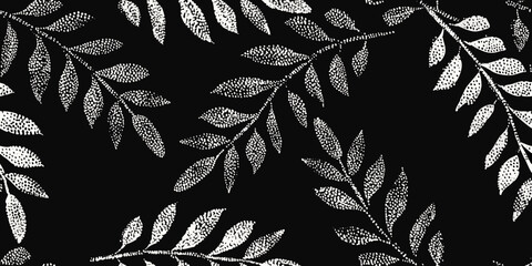 Elegant black and white floral pattern with delicate leaves and stems © Milton