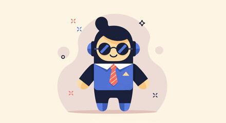 Fototapeta premium Stylized character wearing sunglasses and headphones, dressed formally