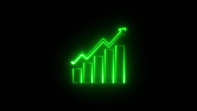 Neon business graph chart on black background, finance bright neon business graph arrow chart animation icon.
